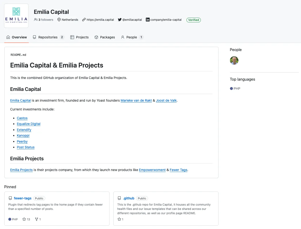 Screenshot of the Emilia Capital GitHub profile, showing a README file.