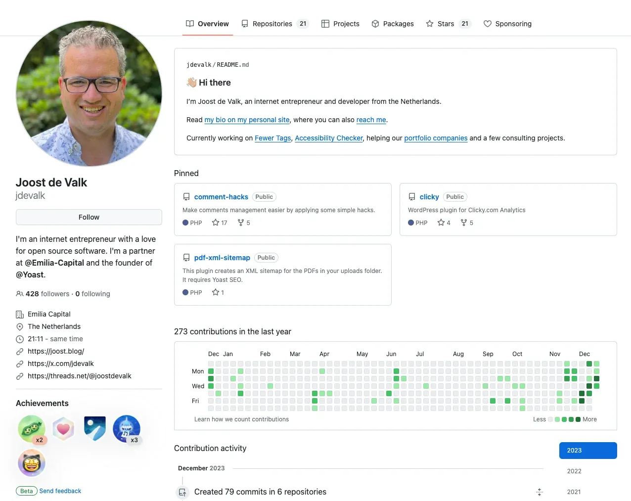 Screenshot of Joost's personal GitHub profile page.