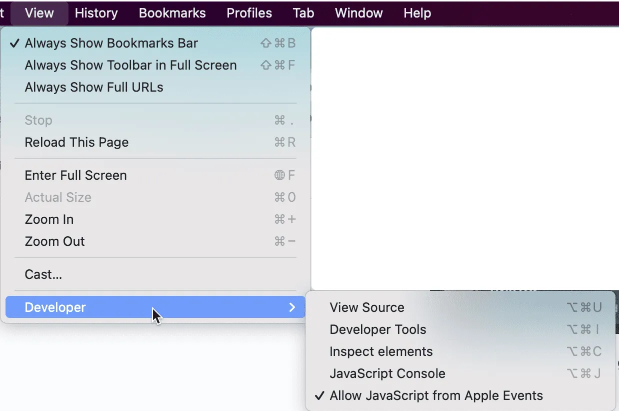 Screenshot showing the Allow JavaScript from Apple Events setting