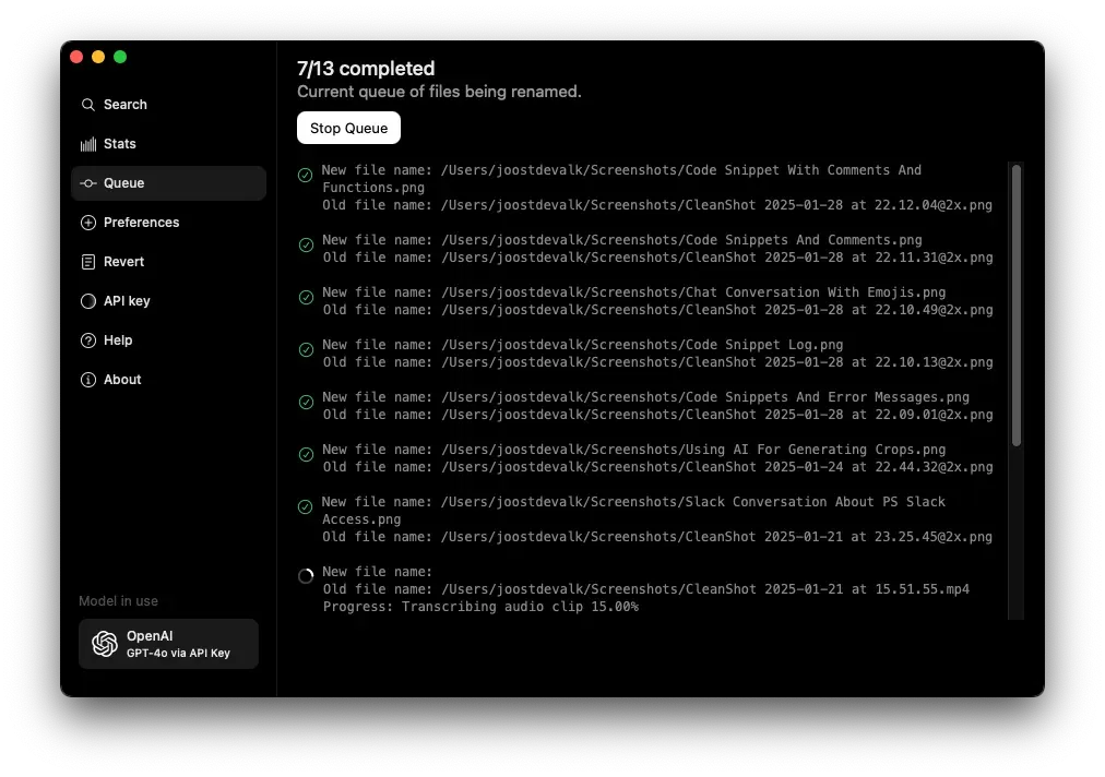 Keep It Shot file renaming queue