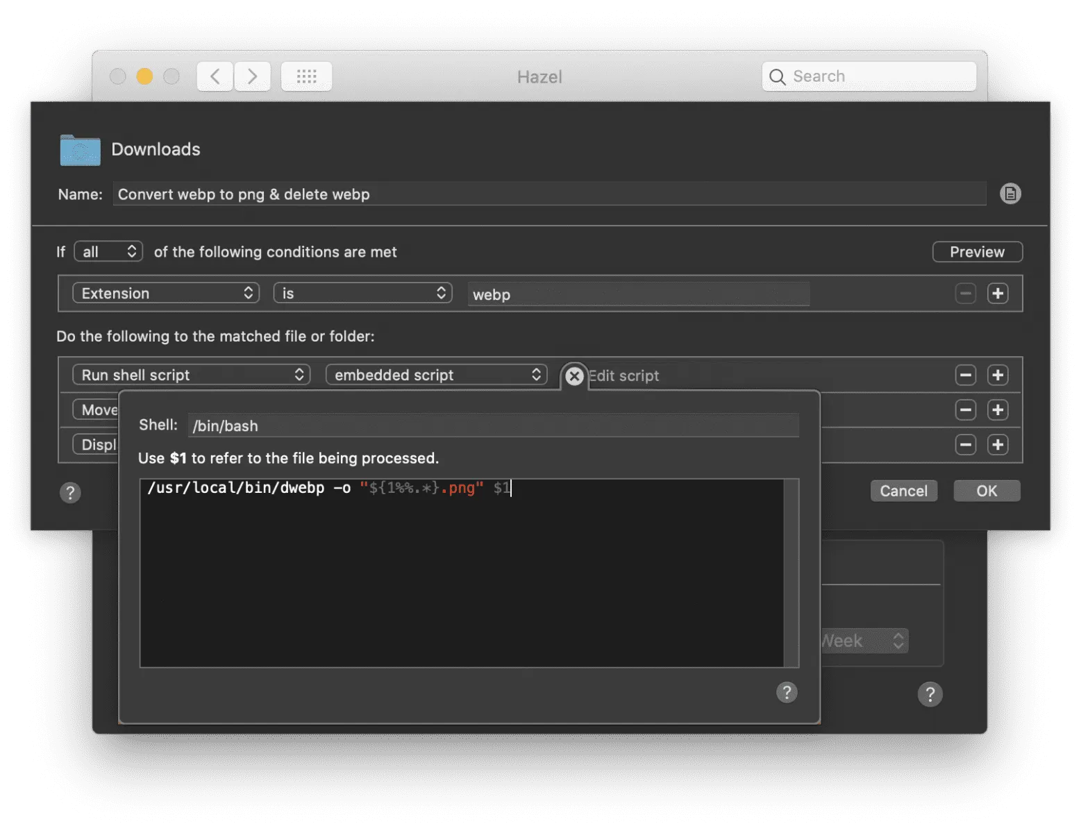 A screenshot of the Hazel configuration screen with the script highlighted.