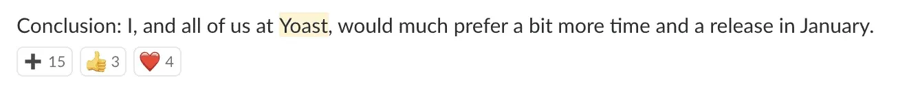Slack thread in the WordPress core-editor channel supporting pushing back on the 5.0 timeline