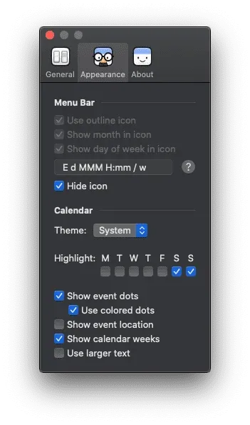 Itsycal Menu Bar settings with the week number format configured