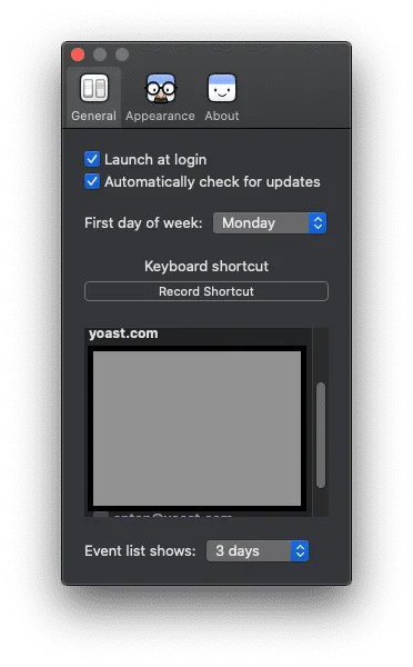 Screenshot of Itsycal's general settings