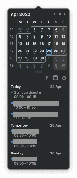 Itsycal window showing an outline of the next three days