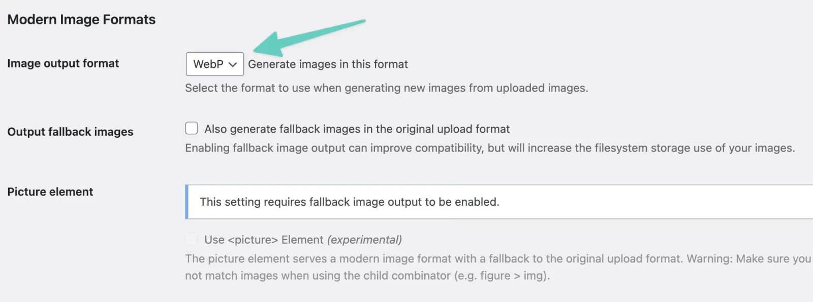 Modern Image Formats plugin settings configured to output WebP for social compatibility