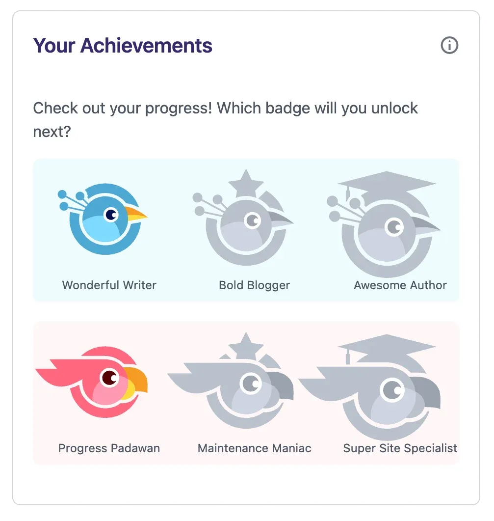 Progress Planner's first set of badges shown in the WordPress admin