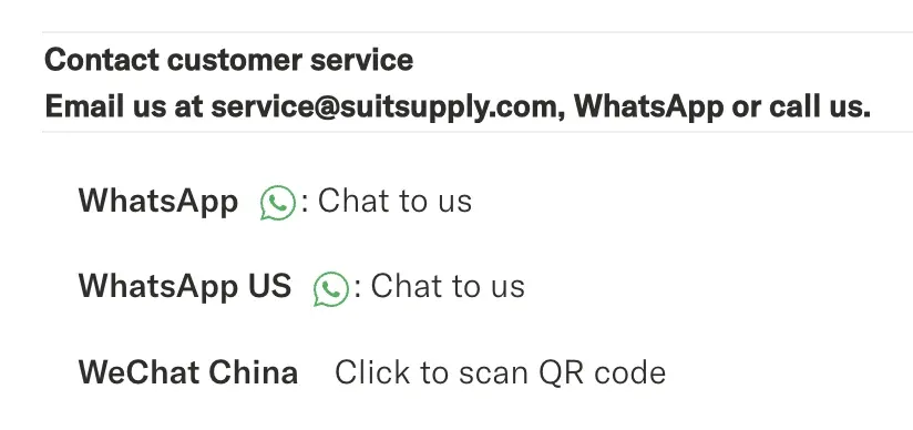 SuitSupply FAQ page with WhatsApp numbers and email address rendered as clickable links