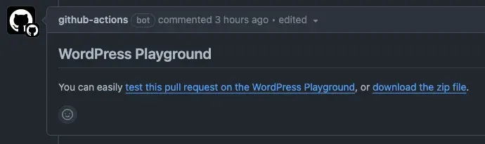 GitHub Actions pull request comment with a link to open the PR zip in WordPress Playground